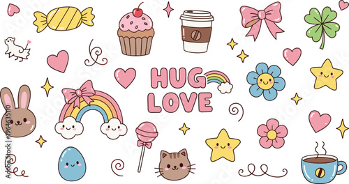 Cute Kawaii Love Sticker Icon Set Featuring Bunny, Rainbow, Cupcake, Coffee, Candy, Flowers, Stars, and Hug Love Text for Fun Design