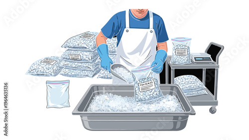 Ice Processing: An individual in a clean apron, meticulously fills ice bags with fresh ice from a commercial container, showcasing the meticulous process behind efficient ice production.