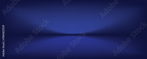 Blue studio gradient background. Abstract empty room backdrop. 3d vector cool light texture. Luxury neon lights limbo bg. Dark festive color bg. Modern photo studio spotlight glow podium gradation