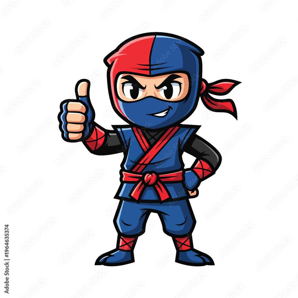 Obraz premium Dynamic blue and red ninja mascot character giving a confident thumbs-up gesture, isolated vector illustration.