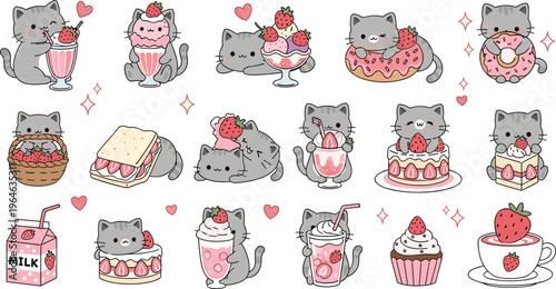 Cute Kawaii Cat and Strawberry Dessert Icon Set Featuring Cakes, Milkshake, Cupcake, Donut, Sandwich, and Sweet Kitty Characters for Sticker Design