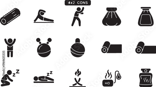 Minimalist yoga and wellness icons, set of 15 black solid vector symbols for spa and meditation, fitness equipment and relaxation graphics isolated PNG with Transparent Background