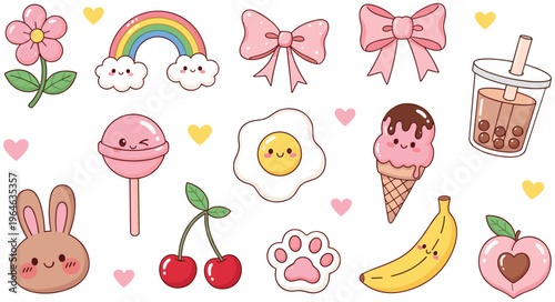Cute Kawaii Icon Set Featuring Bunny, Rainbow, Bows, Ice Cream, Bubble Tea, Banana, Cherry, Flower, and Sweet Pastel Elements for Sticker Design
