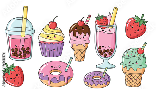 Cute Kawaii Dessert Icon Set Featuring Bubble Tea, Donuts, Ice Cream, Cupcake, Strawberry Drinks, and Sweet Characters for Fun Sticker Design