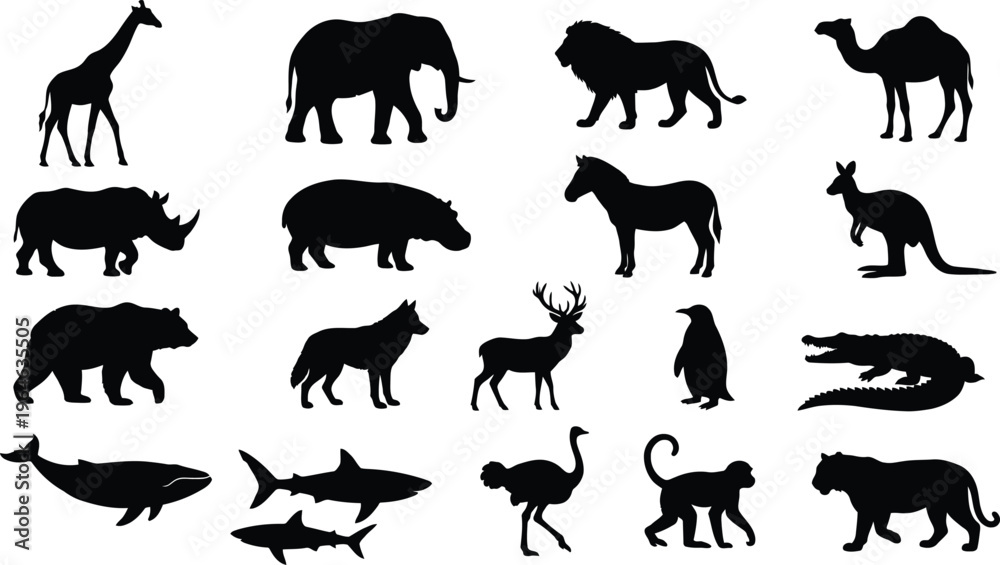 Fototapeta premium Black silhouettes of various wild animals in different poses and sizes