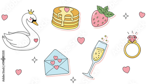 Cute Romantic Icon Set Featuring Swan, Pancakes, Strawberry, Champagne, Ring, Envelope, and Hearts for Valentine Love and Wedding Design