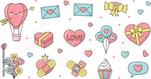 Cute Love and Valentine Icon Set Featuring Hearts, Gift Boxes, Envelopes, Balloons, Cupcake, and Romantic Elements for Sticker and Greeting Design