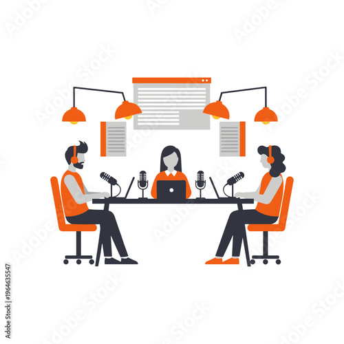 Podcast radio host concept illustration with three people broadcasting live online show.