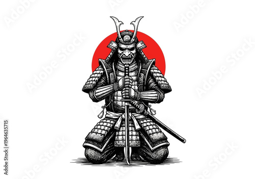 Traditional Japanese Samurai Warrior Kneeling with Katana Sword and Red Rising Sun Background Illustration