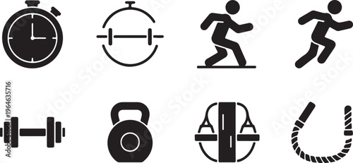 Fitness and gym workout icons set, black minimalist sports equipment symbols, 8 vector elements for crossfit and athletic training apps isolated PNG with Transparent Background