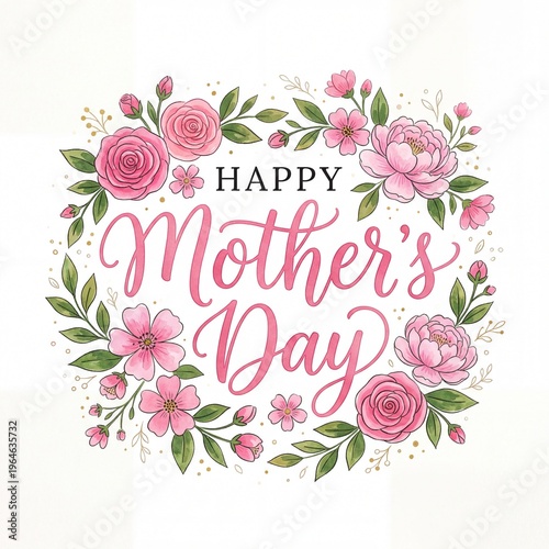 Happy mother's day greeting card with a beautiful pink floral wreath and elegant calligraphy.