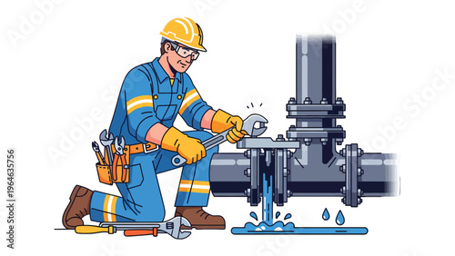 Plumber at Work: A skilled plumber addresses a pipe leak, meticulously working with precision and expertise, symbolizing essential repair and maintenance