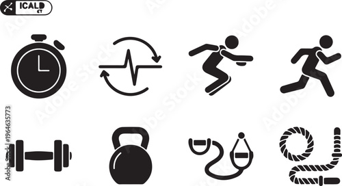 Minimalist fitness and gym icon set, 8 black vector symbols for workout and athletics, cardio and strength training equipment illustrations isolated PNG with Transparent Background