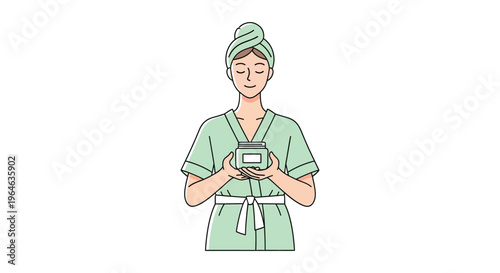 Woman in green robe and towel on head holding smartphone in minimalistic line art style with pastel colors for mobile app or spa and wellness advertising