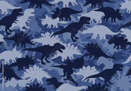 Seamless Blue Dinosaur Camouflage Pattern with T-rex and Triceratops Silhouettes