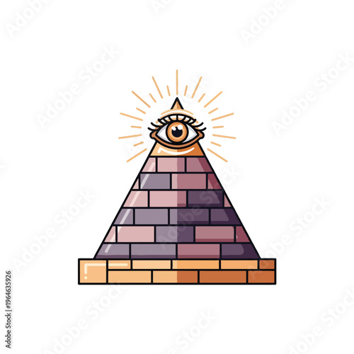 Beautiful Vector Mascot Illustration: All-Seeing Eye Pyramid Symbol with Radiant Light on White Background
