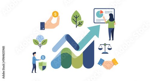 Sustainable Business Growth and ESG Strategy Vector Illustration. Financial Success, Corporate Social Responsibility, and Ethical Governance Concept.