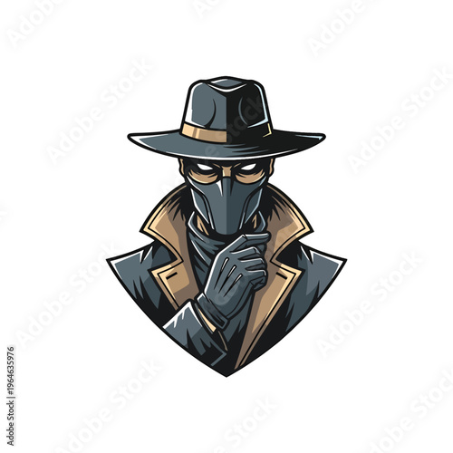 Intriguing masked secret agent character in trench coat and fedora, a vector illustration