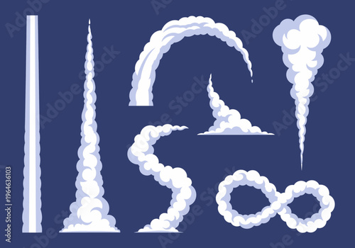 Cartoon Rocket Smoke Trails and Airplane Exhaust Plume Collection; White Vapor Clouds and Condensation Tracks for Motion Graphics and Comic Art
