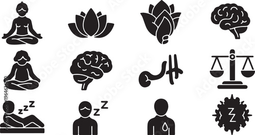 Mental health and wellness icon set, 12 black glyph vectors for meditation and mindfulness, brain health and sleep therapy symbols for apps isolated PNG with Transparent Background