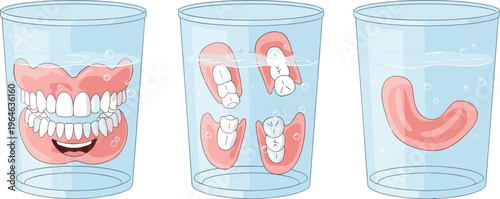 Set of removable dentures in glass of water isolated on white background dental care vector illustration collection