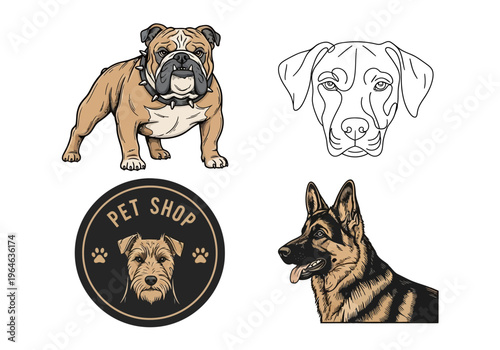 Collection of Dog Breed Illustrations and Logo Designs featuring English Bulldog, German Shepherd, and Pet Shop Emblem