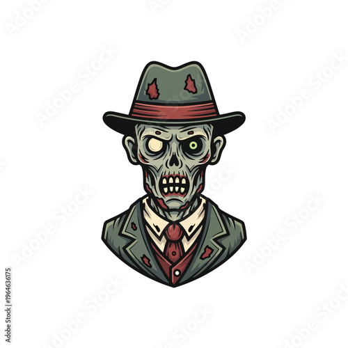 Creepy Undead Gentleman Character Illustration in Suit and Fedora Hat