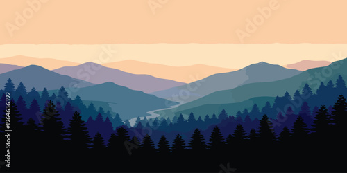 Flat Vector Landscape of Layered Blue Mountains and Pine Forest with a Winding River at Sunset or Sunrise