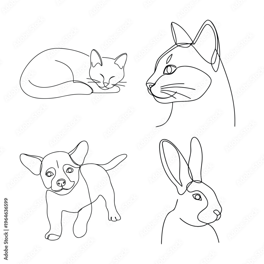 Fototapeta premium Minimalist Continuous Line Art of Domestic Animals: Cat, Dog, and Rabbit Portraits for Veterinary or Pet Care Branding
