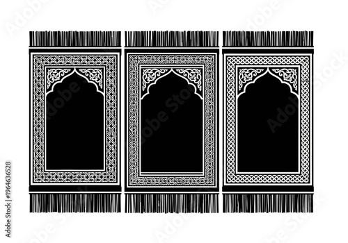 Three Islamic Prayer Rug Silhouettes with Ornate Geometric Designs; Black and White Sajadah Vector Set for Ramadan and Eid Celebrations