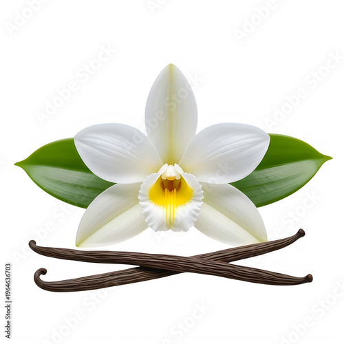 A white orchid flower with green leaves and vanilla beans isolated on white background