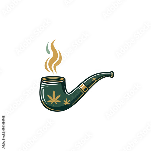Stylized Smoking Pipe Vector Illustration with Cannabis Leaf Motifs and Rising Smoke