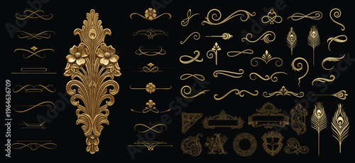 Elegant baroque floral elements featuring detailed roses, swirling acanthus ornaments, and vintage botanical styling in rich colors.