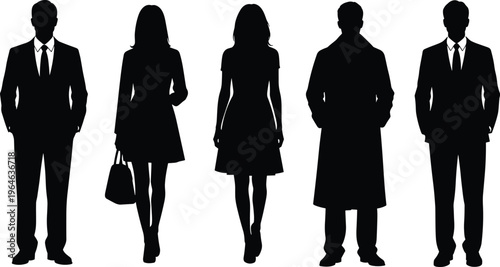 Professional business people silhouettes set, men in suits and women in dresses, corporate team standing, elegant figures isolated on white.