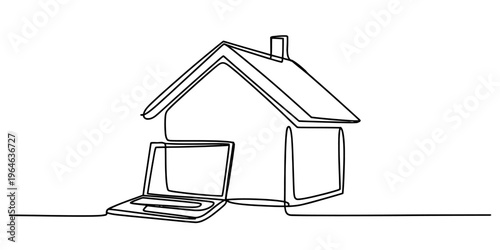 A single continuous line drawing of a house combined with a laptop representing remote working Vector, illustration