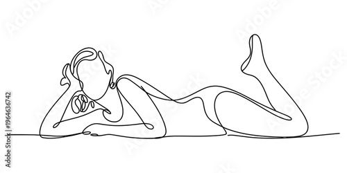 Minimalist continuous line drawing of a woman lying down in a relaxed and contemplative pose Vector, illustration