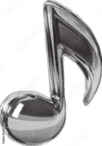 Gleaming metallic musical note reflects light with its shiny chrome surface.