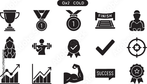 Black solid sport icons set, 15 achievement and success vector elements, trophy and medal symbols for competition and fitness tracking apps isolated PNG with Transparent Background
