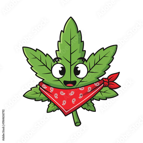 Charming cannabis leaf mascot character smiling, adorned with a red bandana, vector art
