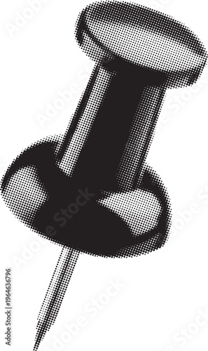 Single black push pin with sharp metal point isolated on white background