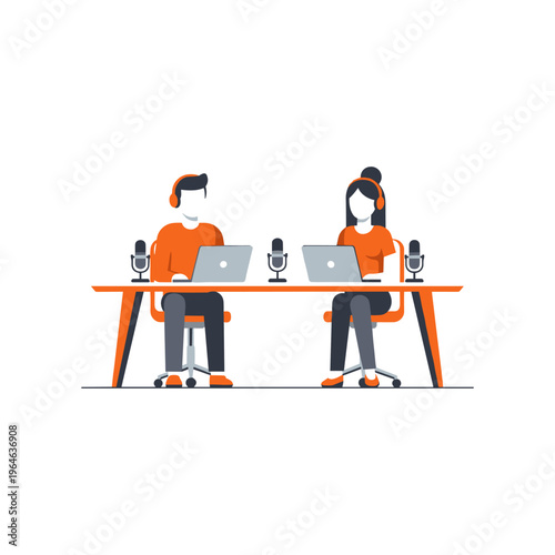 Man and woman in headphones with microphones and laptops at table for podcast.