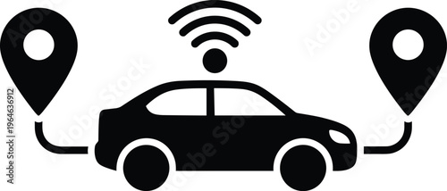 Smart car with GPS navigation location pins, wireless Wi-Fi signal, autonomous driving technology, vehicle tracking system, and transportation flat vector illustration.