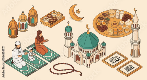 Isometric Ramadan and Eid Al-Fitr Celebration Elements with Mosque, Praying Muslim Family, Traditional Sweets, and Lanterns for Greeting Cards