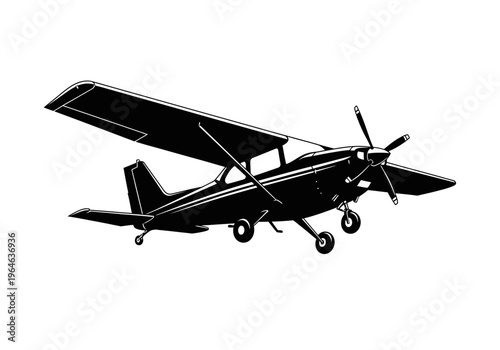 Small Propeller Plane Silhouette, Single Engine Light Aircraft Vector Illustration Isolated on White Background