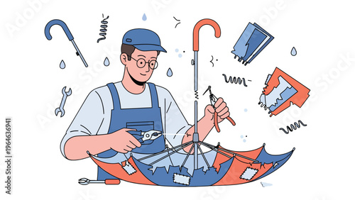 Umbrella Repair Illustration: A skilled artisan meticulously repairs a damaged umbrella, utilizing various tools and expertise to restore it to its functional glory.
