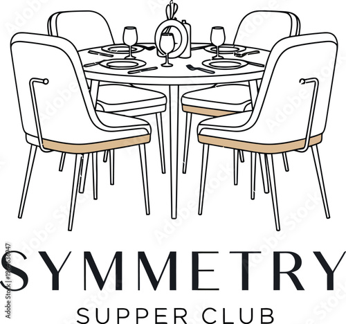 Elegant line art logo depicting a perfectly set round table surrounded by four modern, upholstered dining chairs for a supper club.