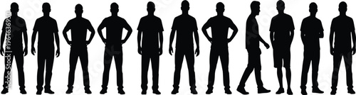 Silhouette collection of men standing in a row, diverse male figures in casual t-shirts and pants, front and side views, isolated on white.