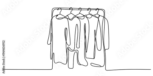 A continuous line drawing illustration showing a rack filled with multiple hanging shirts alone Vector, illustration
