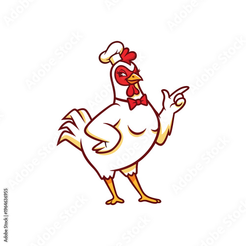 Appealing vector illustration of a confident chef chicken mascot pointing, isolated on white.