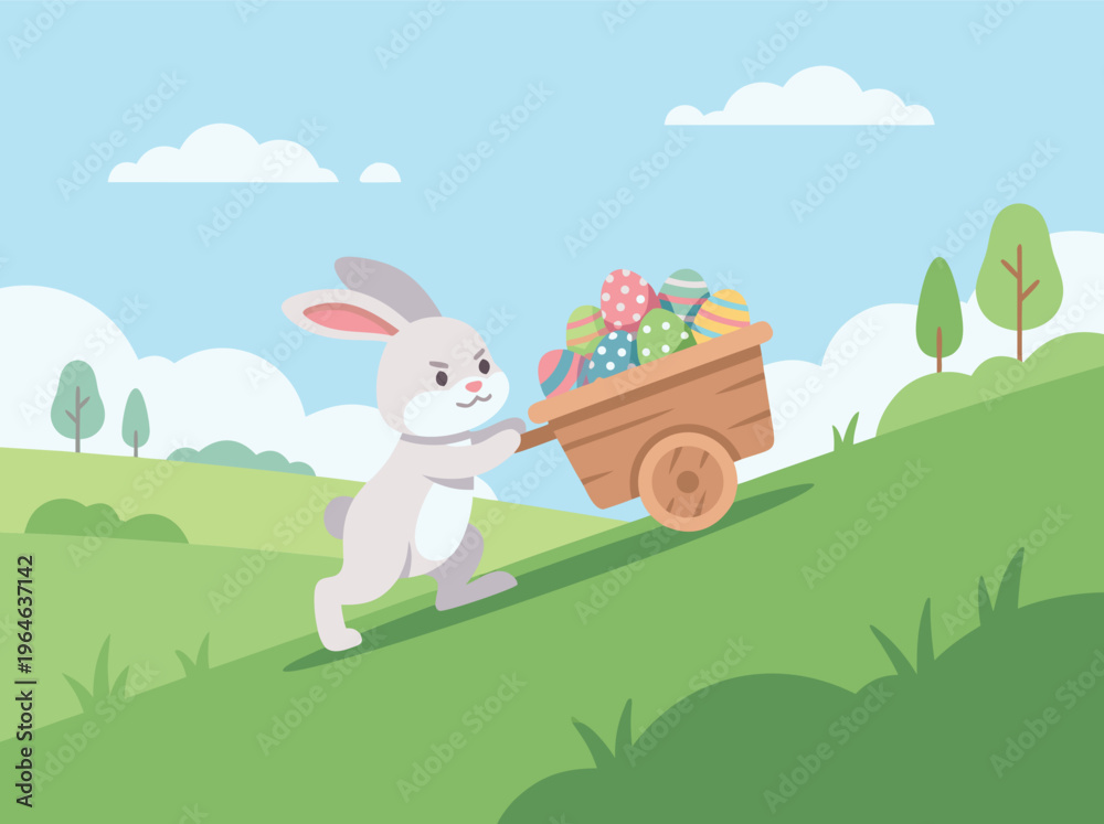 Fototapeta premium Easter Bunny Pushing Cart Full of Eggs Uphill.